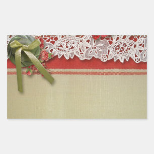 Pegatina Rectangular Encaje de Rosa Antiguo Arpillera Roja Victoriana R