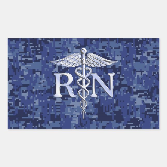 Pegatina Rectangular Enfermera inscrita RN Caduceus en Blue Camo (Anverso)