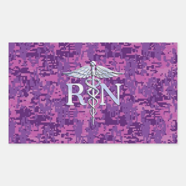 Pegatina Rectangular Enfermera inscrita RN Caduceus en camuflaje rosado (Anverso)