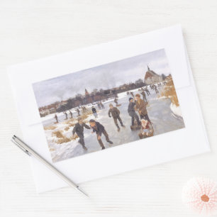 Pegatina Rectangular Escena Antigüa de Patinaje sobre Hielo en Invierno