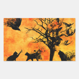 Pegatina Rectangular Escena aterradora de Halloween 10 gatos negros bat