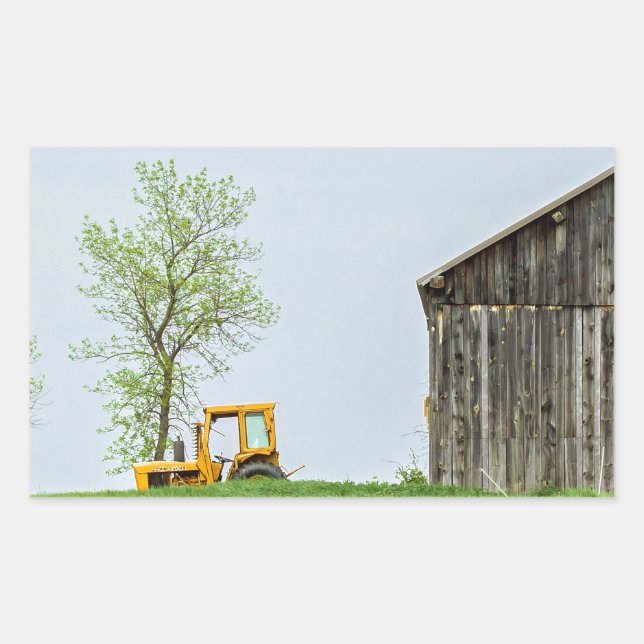 Pegatina Rectangular Escena De Barn Con Tractor (Anverso)