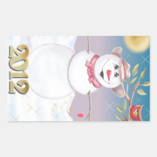 Pegatina Rectangular Escena De Invierno De Cowboy Snowman Y Owl