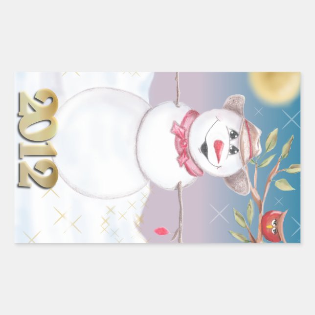 Pegatina Rectangular Escena De Invierno De Cowboy Snowman Y Owl (Anverso)