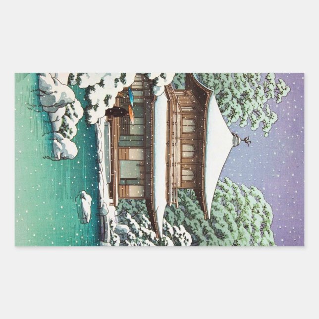 Pegatina Rectangular Escena de invierno de Hasui Kawase, japonés orient (Anverso)