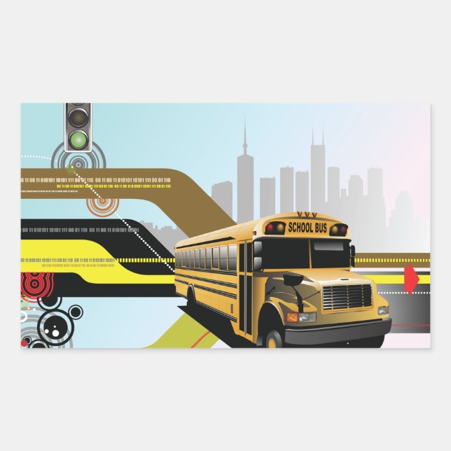 Pegatina Rectangular Escena de la ciudad de los autobuses escolares (Anverso)