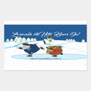 Pegatina Rectangular escena de Navidades personalizados, patinaje sobre