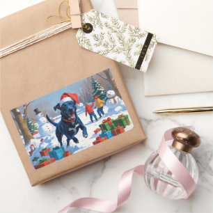 Pegatina Rectangular Escena de nieve festiva de Navidad con Blue Heeler