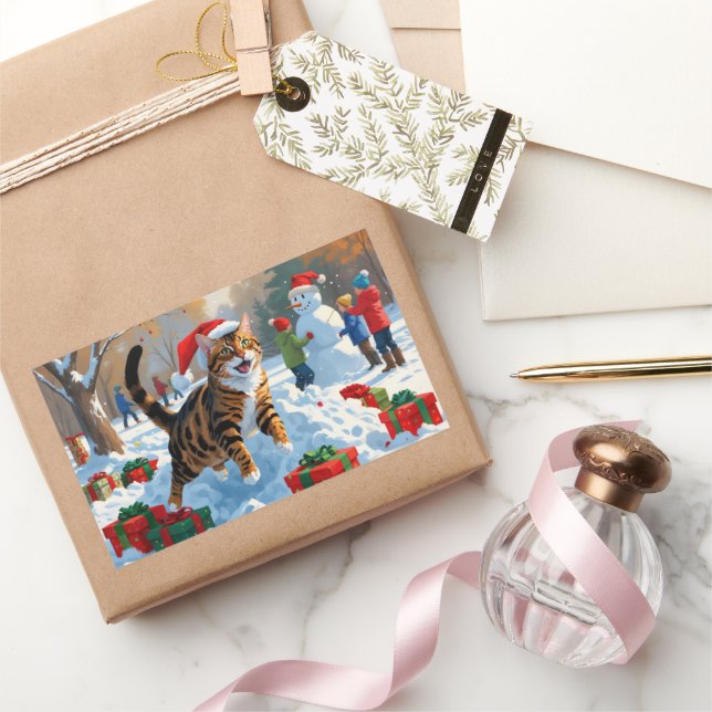 Pegatina Rectangular Escena de nieve festiva de Navidad con gato de Ben (Regalar)