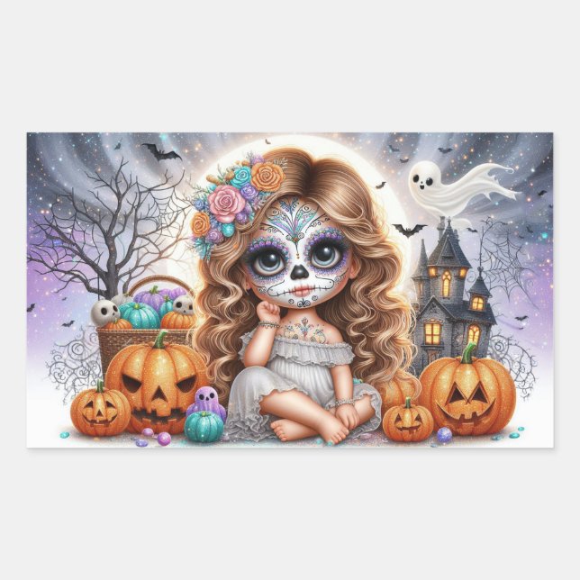 Pegatina Rectangular Escena Embrujada de Halloween de Calavera de Azúca (Anverso)