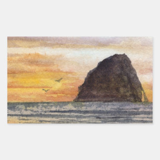 Pegatina Rectangular Escena en acuarela del atardecer en Cape Kiwanda C