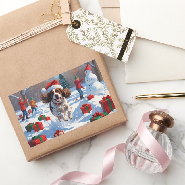Pegatina Rectangular Escena festiva de Navidad con Brittany Spaniel en  (Regalar)