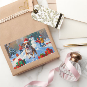 Pegatina Rectangular Escena festiva de Navidad con Bull Terrier en la n