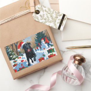 Pegatina Rectangular Escena festiva de Navidad con Labrador negro en la