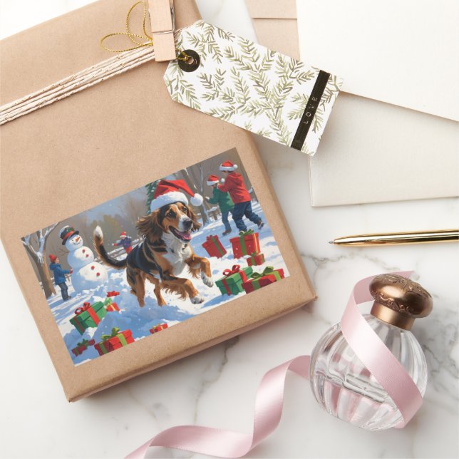 Pegatina Rectangular Escena festiva de Navidad del galgo afgano en la n (Regalar)