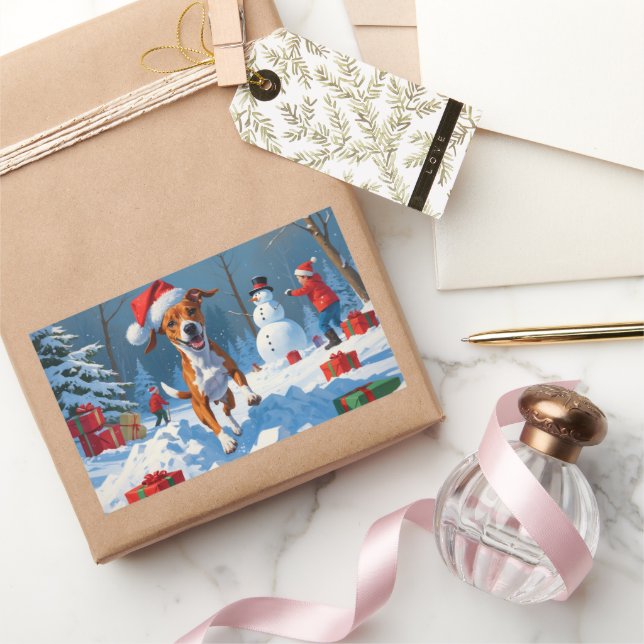 Pegatina Rectangular Escena Navideña Festiva de Nieve con Basenji (Regalar)