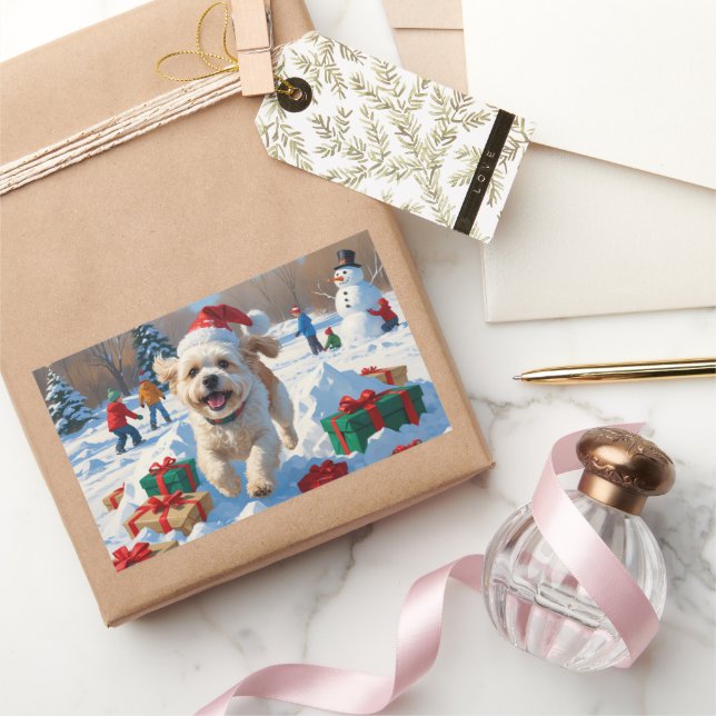Pegatina Rectangular Escena Navideña Festiva de Nieve con Bichon Frise (Regalar)