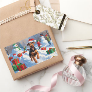 Pegatina Rectangular Escena Navideña Festiva de Snow Airedale