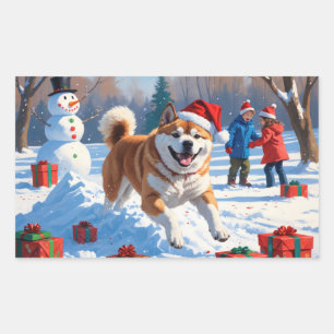 Pegatina Rectangular Escena nevada festiva de Navidad Akita