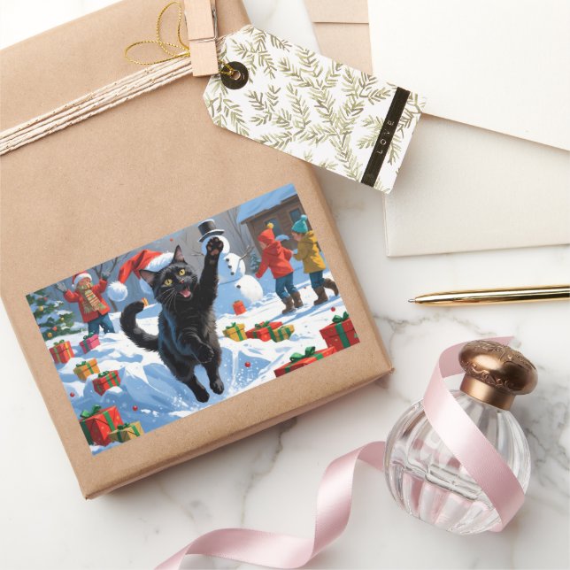 Pegatina Rectangular Escena nevada festiva de Navidad con gato negro (Regalar)