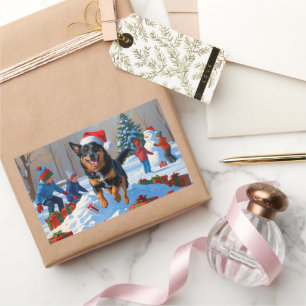 Pegatina Rectangular Escena nevada festiva de Navidad con Malinoi belga