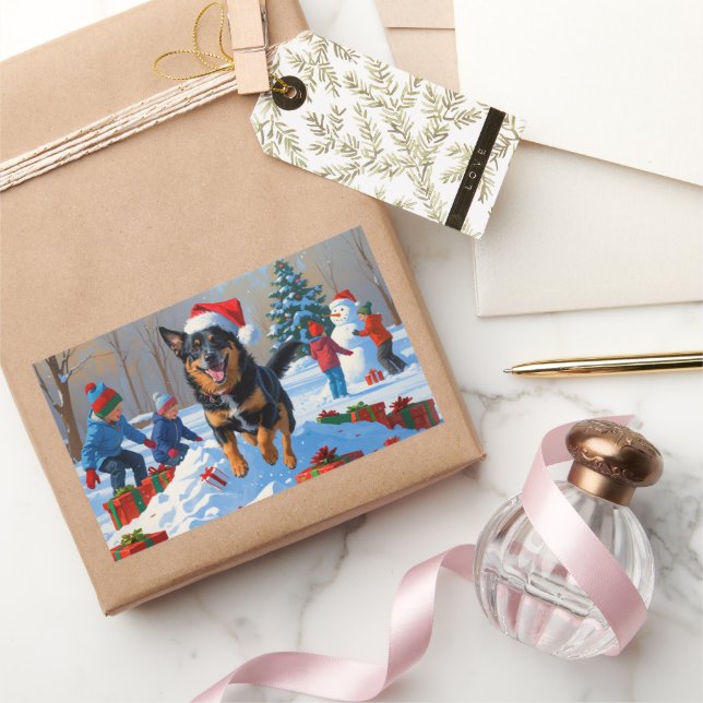 Pegatina Rectangular Escena nevada festiva de Navidad con Malinoi belga (Regalar)