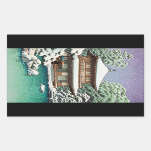 Pegatina Rectangular Escena oriental fresca del invierno de Hasui