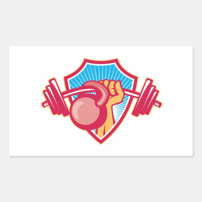 Pegatina Rectangular Escudo de Hand Lifting Barbell Kettlebell (Anverso)