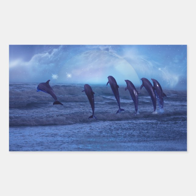 Pegatina Rectangular Escuela de delfines a la luz de la luna (Anverso)