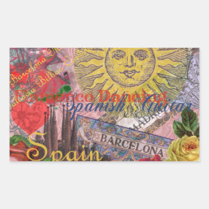 Pegatina Rectangular España Vintage Sol Viaje Collage Retro Europa