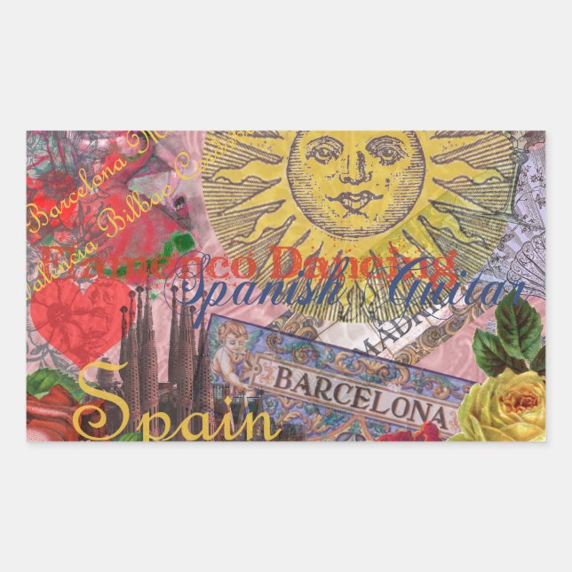 Pegatina Rectangular España Vintage Sol Viaje Collage Retro Europa (Anverso)