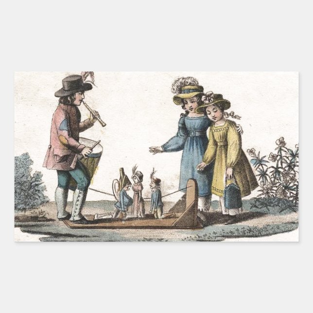 Pegatina Rectangular Espectáculo de baile de niños con títeres antiguos (Anverso)