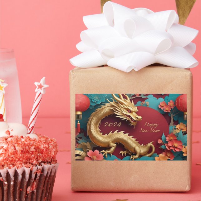 Pegatina Rectangular Espectáculo Dragón Dorado Año Nuevo Chino (Fiesta)