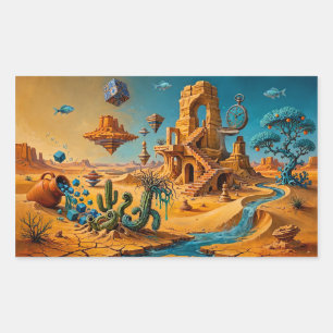 Pegatina Rectangular Espejismo del desierto Ocra Naranja Azul Turquesa