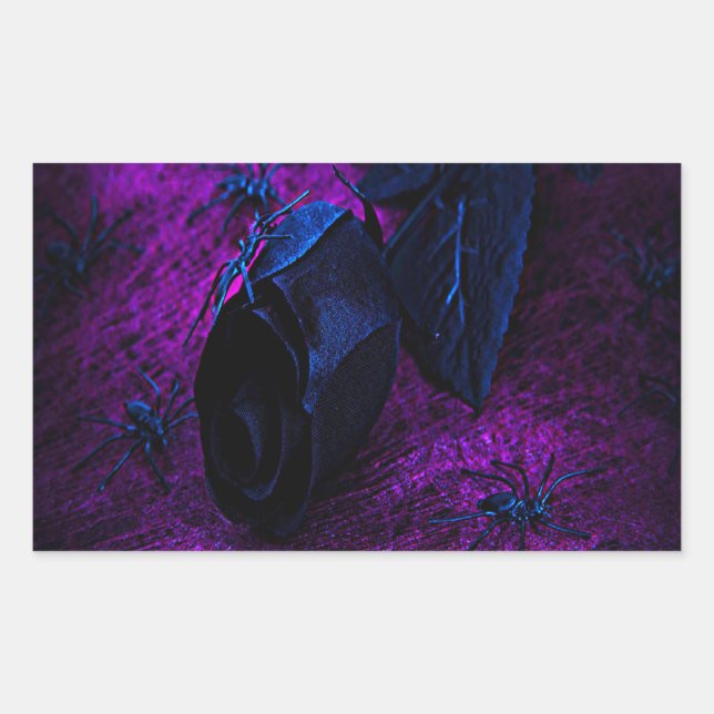 Pegatina Rectangular Espeluznante Rosa de material negro, arañas negras (Anverso)