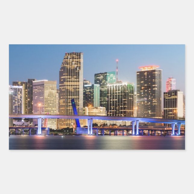 Pegatina Rectangular Esquina iluminada del centro de Miami al atardecer (Anverso)