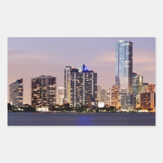 Pegatina Rectangular Estados Unidos, Florida, Miami skyline al anochece (Anverso)