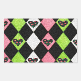 Pegatina Rectangular Estampado de Arlequín Colorido con Corazones de Ro