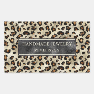 Pegatina Rectangular Estampado de Leopardo con Hoja Negra Falsa y Texto