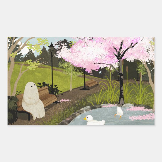 Pegatina Rectangular Estanque de patos - Primavera (Anverso)