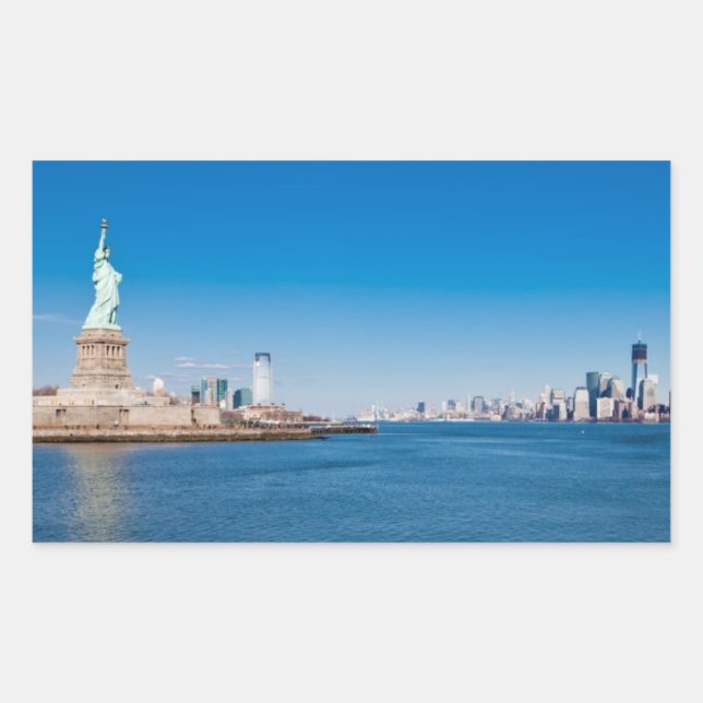 Pegatina Rectangular Estatua de la Libertad, río Hudson y Manhattan (Anverso)