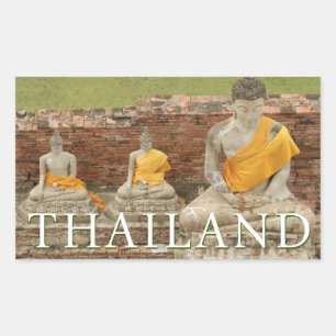 Pegatina Rectangular Estatuas de Budas sentados Ayutthaya, Tailandia