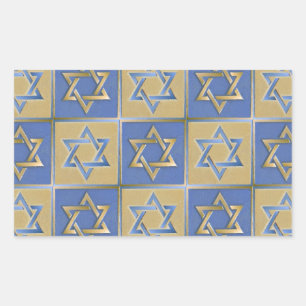 Pegatina Rectangular Estrella de David Judaica Metal Dorado Azul
