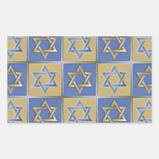 Pegatina Rectangular Estrella de David Judaica Metal Dorado Azul (Anverso)