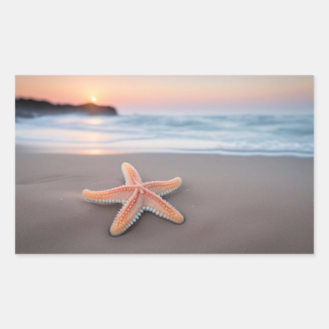 Pegatina Rectangular Estrella de mar tendida en una playa (Anverso)