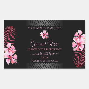 Pegatina Rectangular Etiquetas negras exóticas flores de Hawai rosa