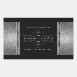 Pegatina Rectangular Etiquetas Ornate Purpurina de Plata Negra de Lujo