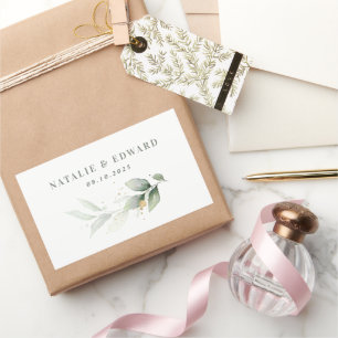Pegatina Rectangular Eucalyptus sage green gold boda favor