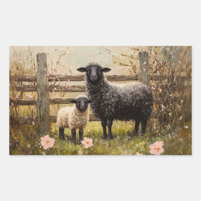 Pegatina Rectangular Ewe y Lamb Spring Sheep Art (Anverso)