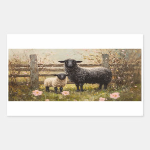 Pegatina Rectangular Ewe y Lamb Spring Sheep Art